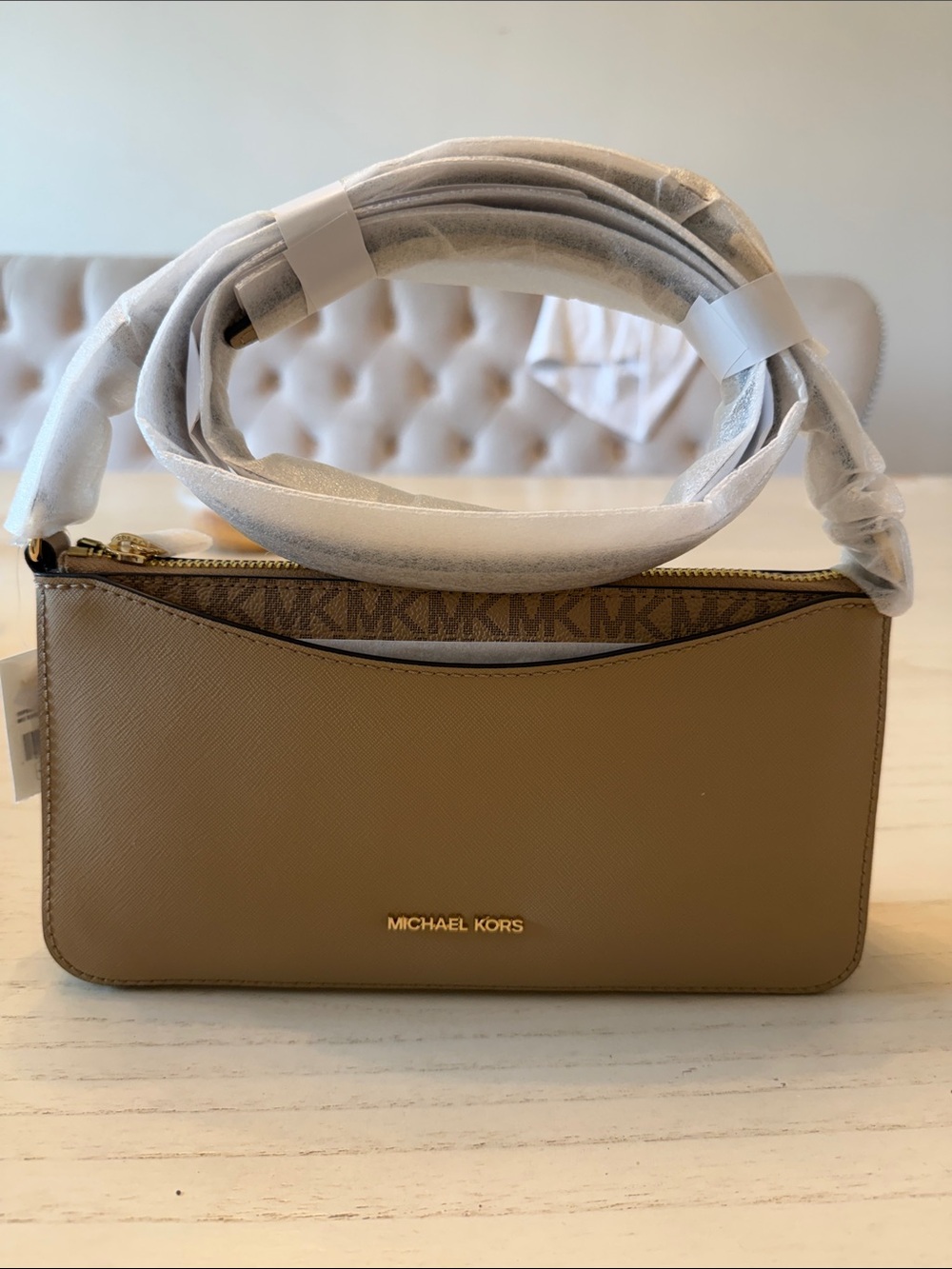 Michael Kors Brown Tan Saffiano Leather Crossbody Wallet